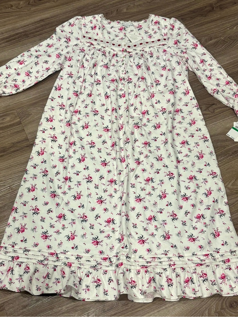 Eileen West White Nightgown with Pink Rose Print NWT large
